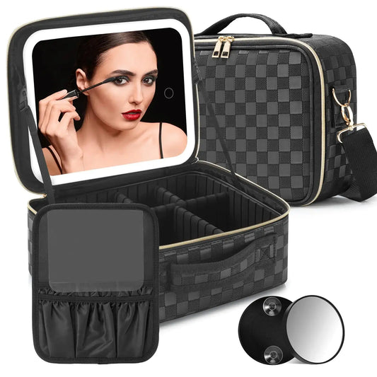 Travel Makeup Bag with LED Mirror Make up Case with Lighted Mirror 3 Color Setting Cosmetic Makeup Box Organizer Vanity Case for Women Beauty Tools Accessories Case Rechargeable (Black Middle) - Image #1