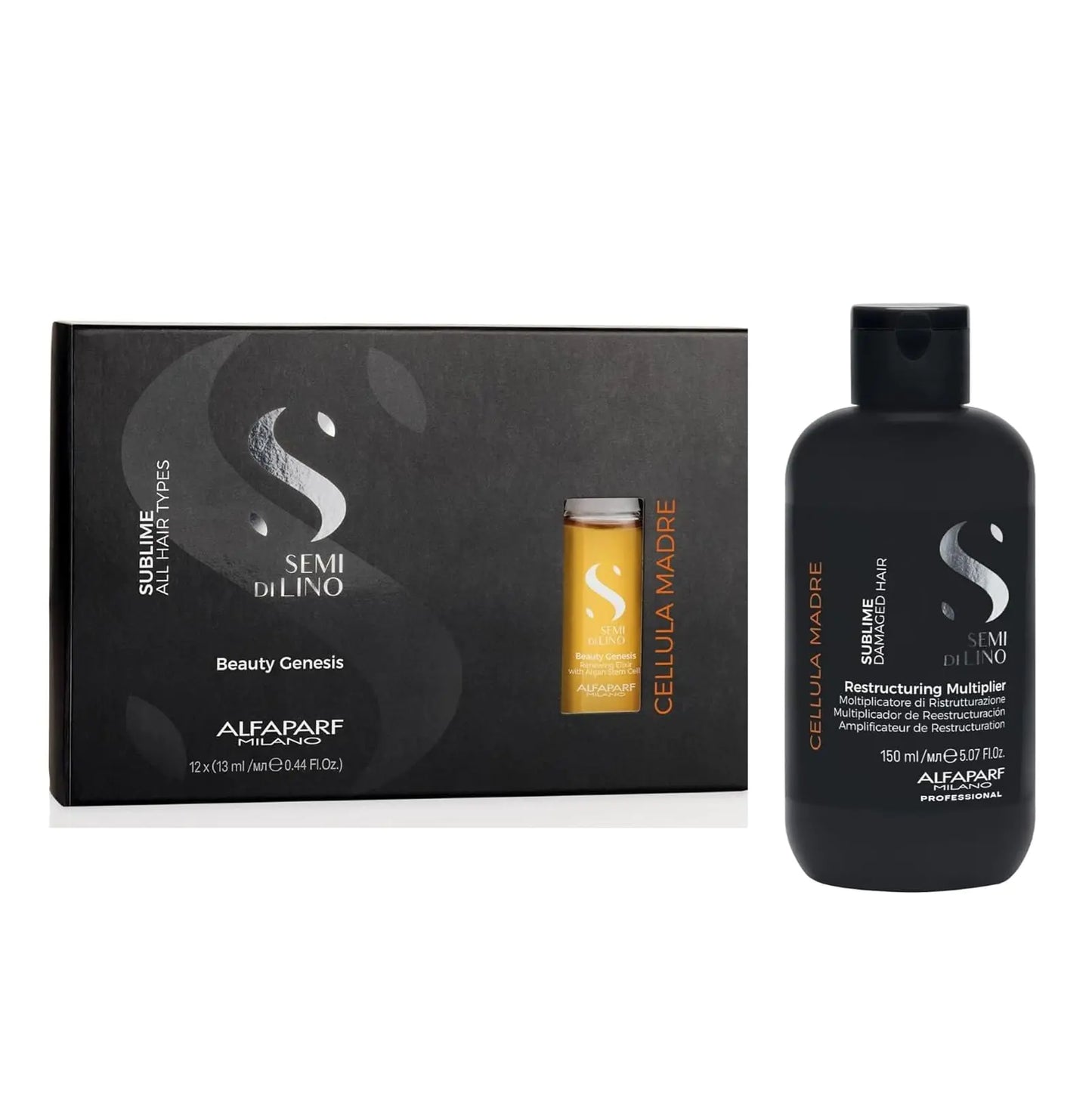 Alfaparf Milano Semi di Lino Cellula Madre Beauty Genesis and Restructuring Multiplier Set for Damaged Hair - Repairs and Reconstructs for Healthy Hair - Protects and Enhances Cosmetic Color