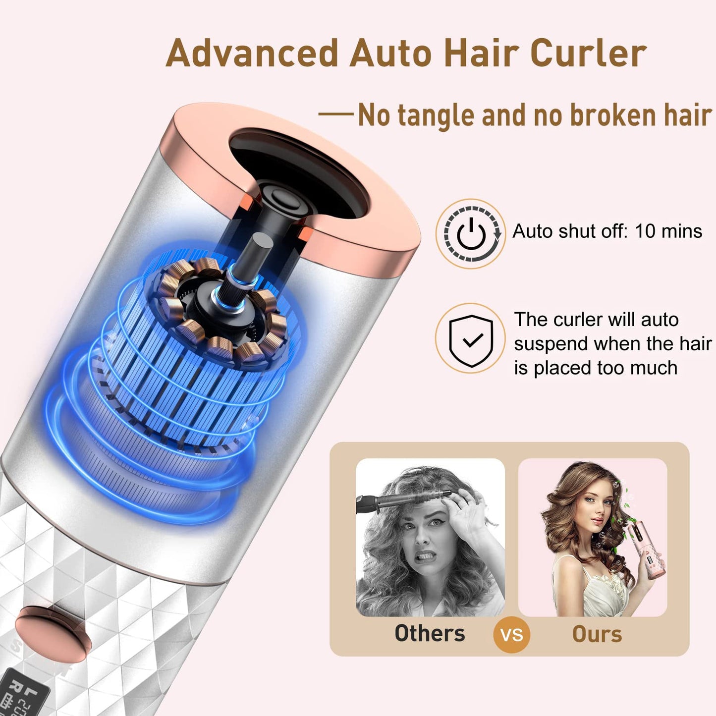 Portable Automatic Hair Curler, Ceramic Rotating Wireless Auto Curling